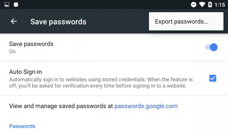Exporting passwords on Google Chrome